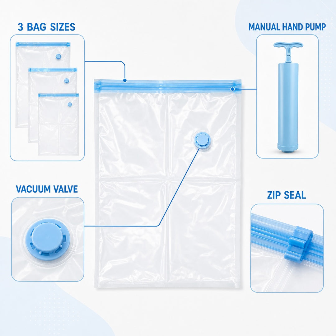 12-Piece Vacuum Storage Bag Set with Manual Hand Pump - 3 Sizes