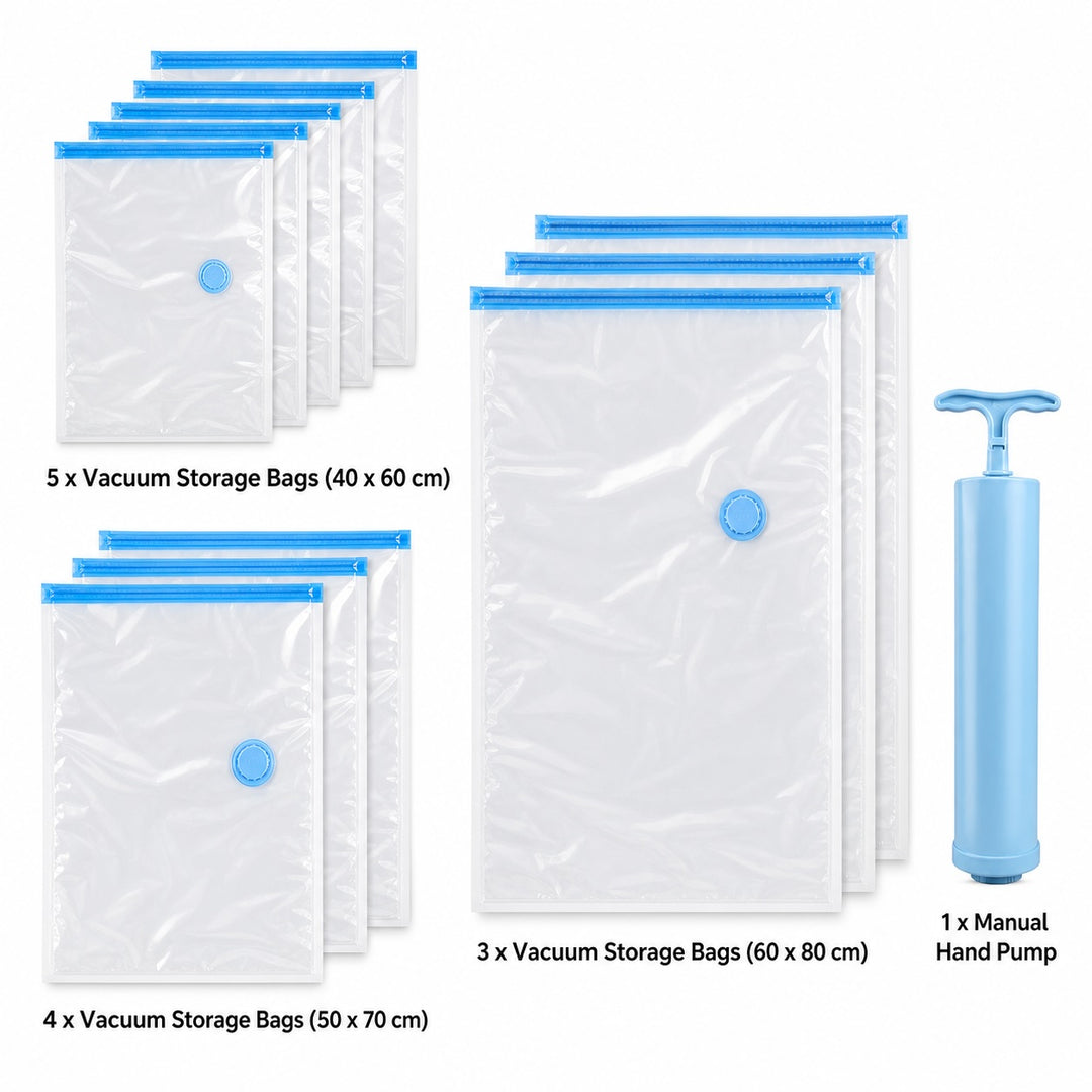 12-Piece Vacuum Storage Bag Set with Manual Hand Pump - 3 Sizes