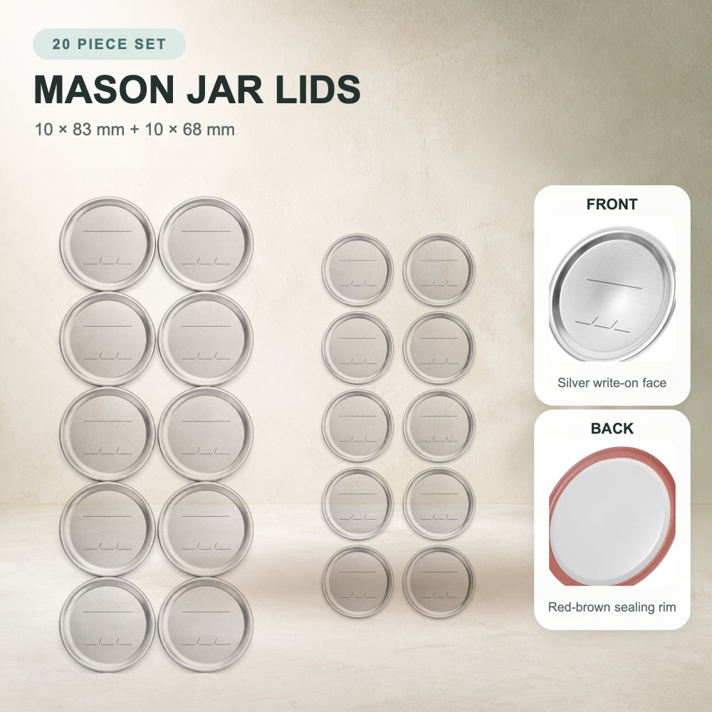20-Piece Mason Jar Replacement Lids - Tinplate Sealing Caps 68mm & 83mm