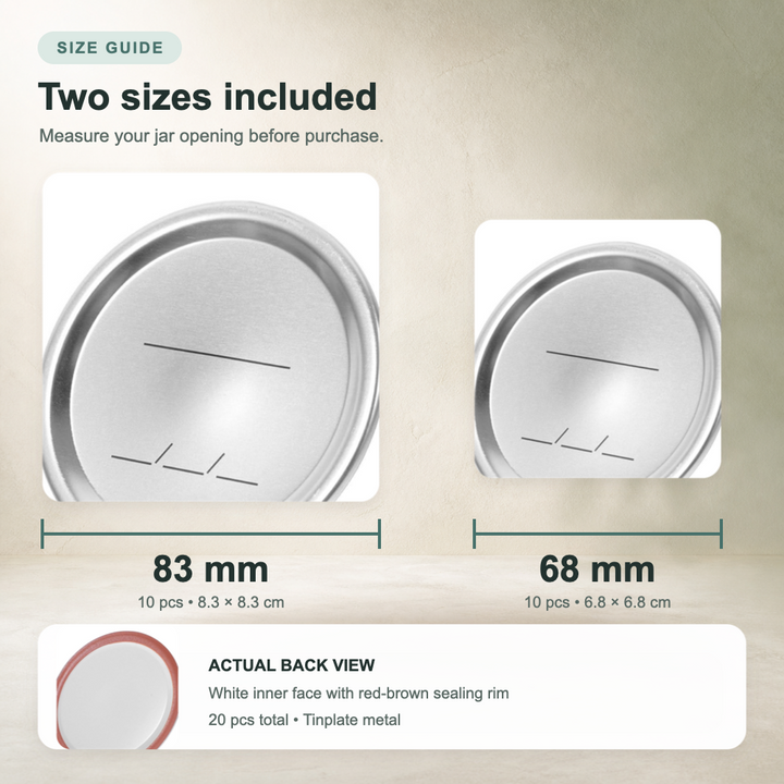 20-Piece Mason Jar Replacement Lids - Tinplate Sealing Caps 68mm & 83mm