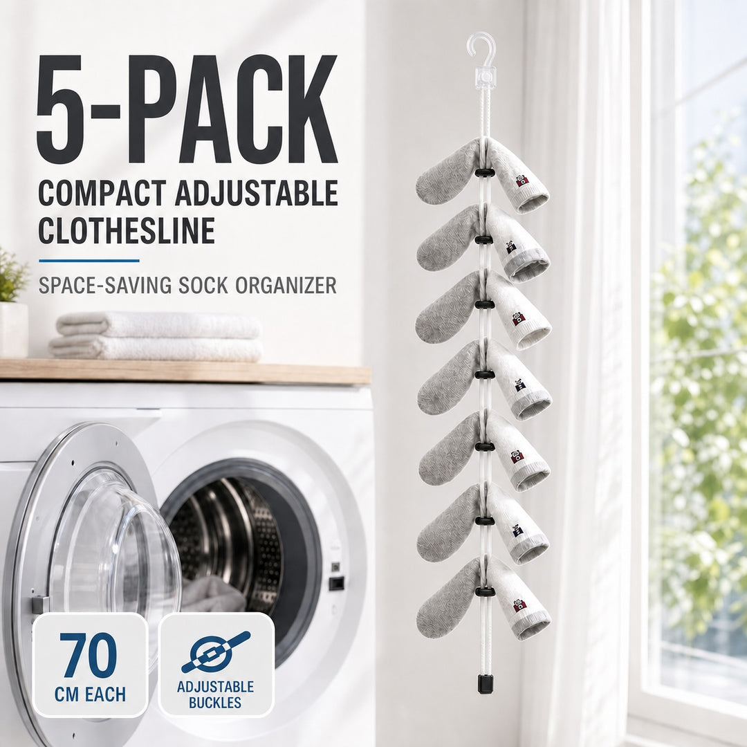5-Pack Compact Adjustable Clothesline with Buckle for Socks and Travel