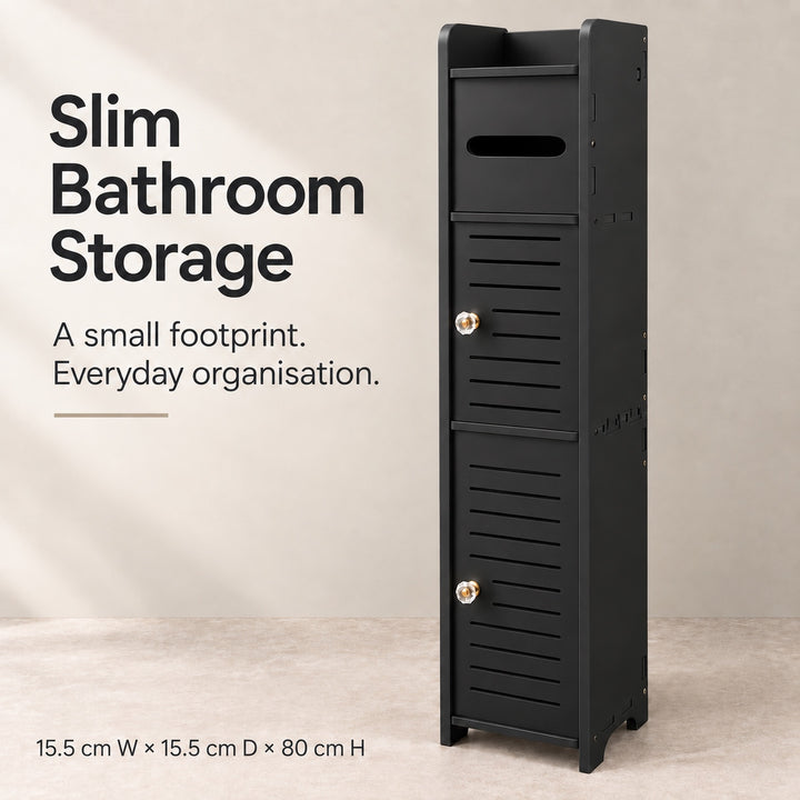 Bathroom Storage Cabinet 80cm Tall Narrow Toilet Paper Holder Black