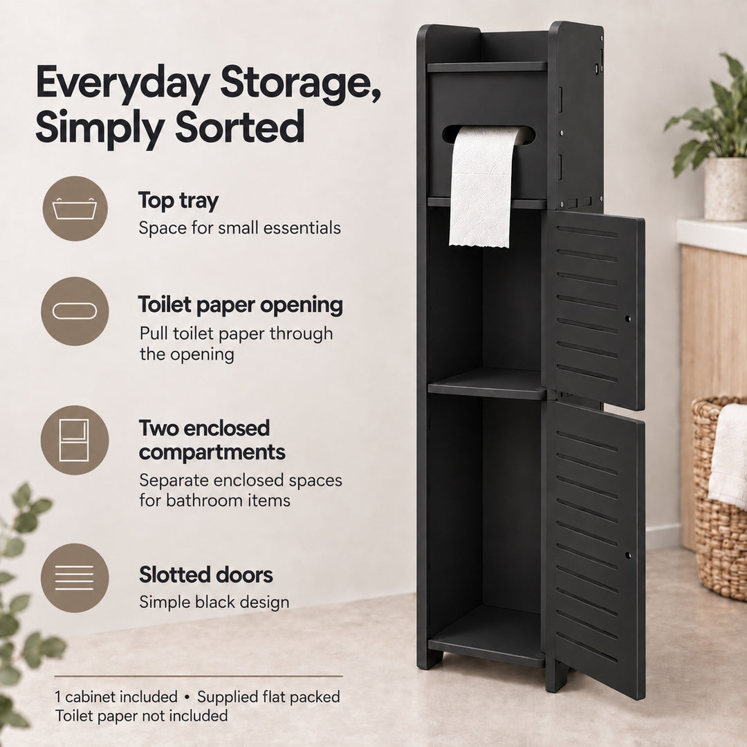 Bathroom Storage Cabinet 80cm Tall Narrow Toilet Paper Holder Black