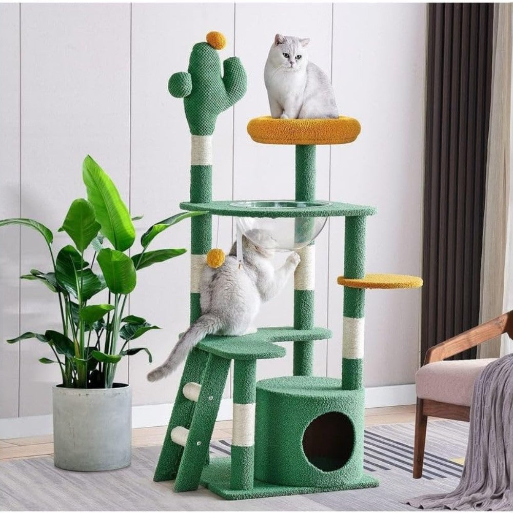 Cactus Cat Tree Tower with Space Capsule & Plush Perches, 135cm Multi-Level Cat Climbing Furniture