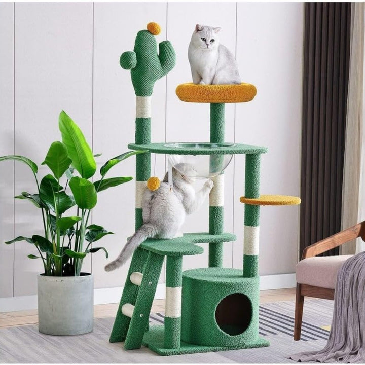 Cactus Cat Tree Tower with Space Capsule & Plush Perches, 135cm Multi-Level Cat Climbing Furniture