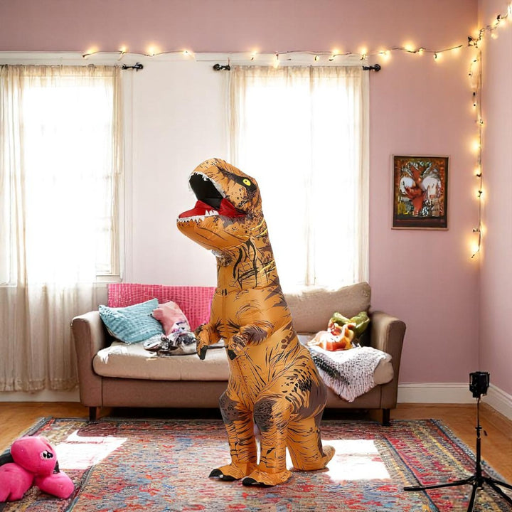 Inflatable Muscle T-Rex Costume _ Brown Dinosaur Suit with Fan and Battery Box