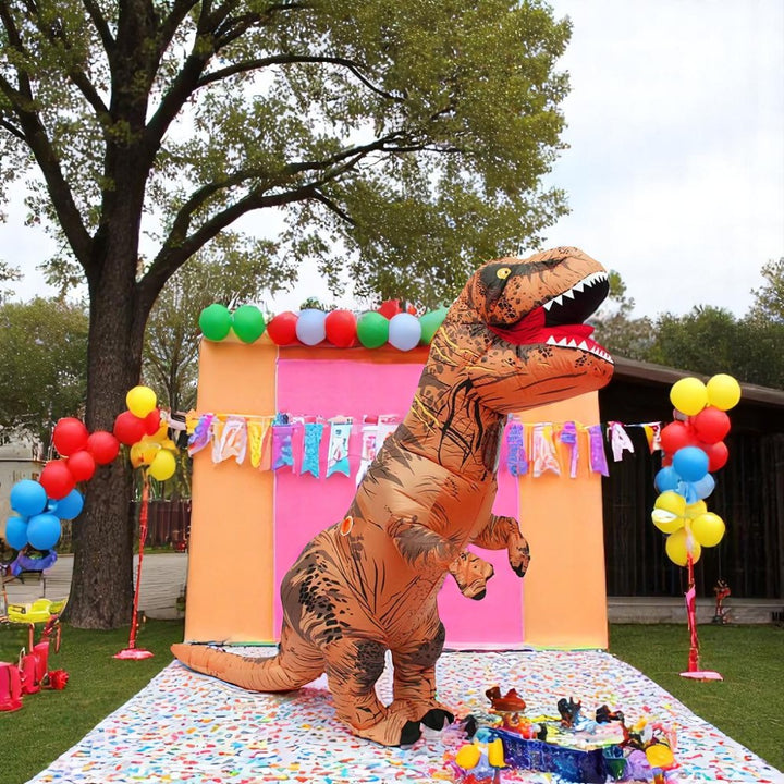 Inflatable Muscle T-Rex Costume _ Brown Dinosaur Suit with Fan and Battery Box