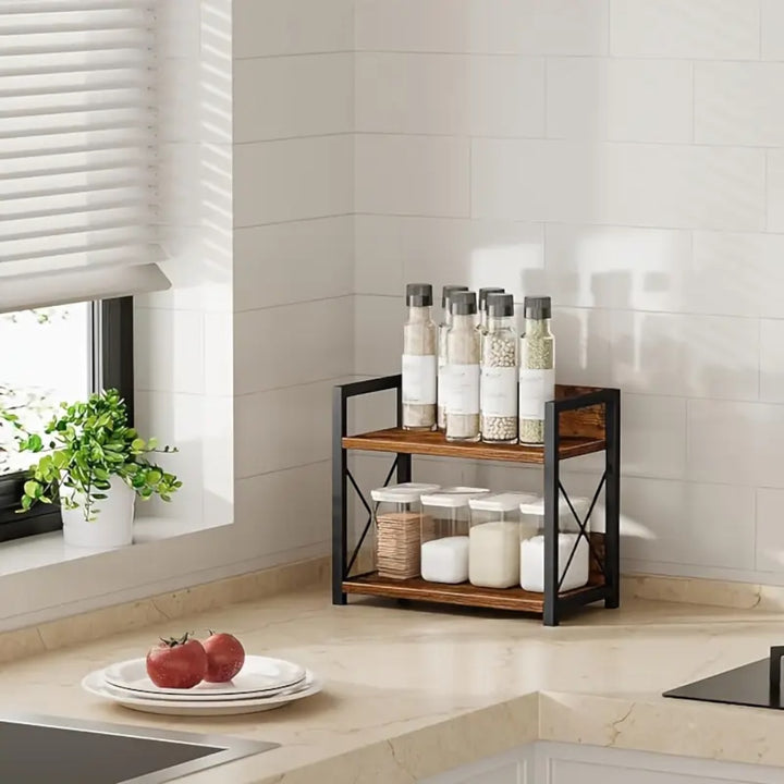 Rustic Industrial Storage Shelf _ 2-Tier Wooden & Metal Organizer Rack