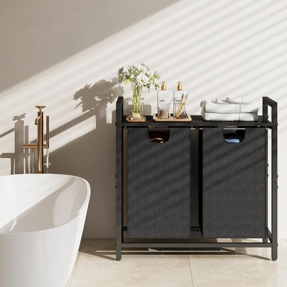 Dual Laundry Hamper with Pull-Out Bags &amp; Steel Top Shelf _ 72_32_71cm