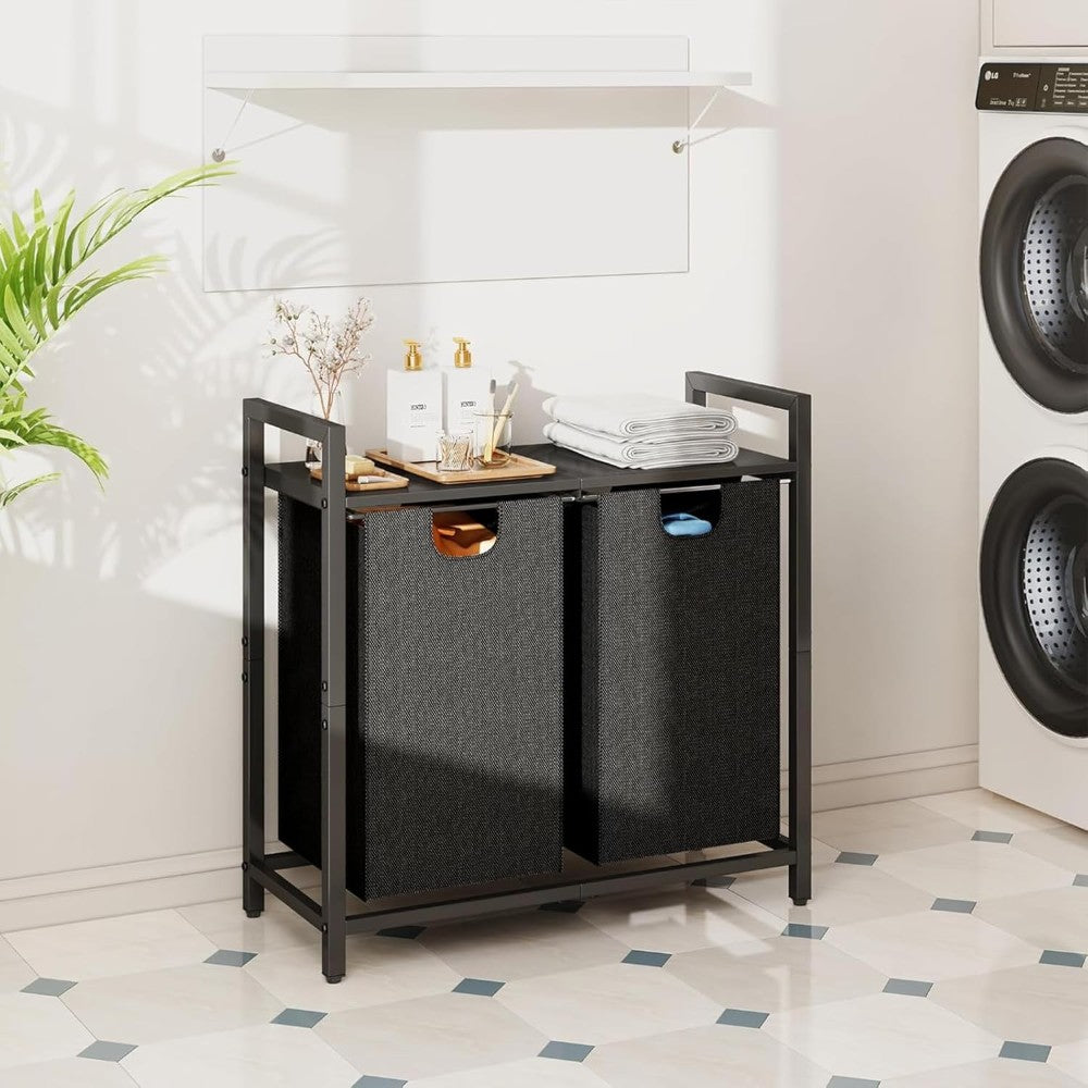 Dual Laundry Hamper with Pull-Out Bags &amp; Steel Top Shelf _ 72_32_71cm