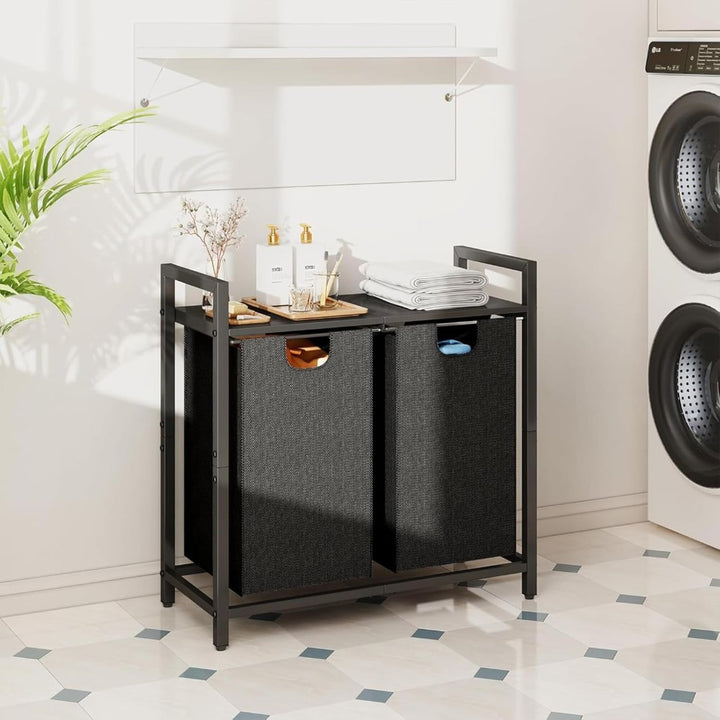 Dual Laundry Hamper with Pull-Out Bags &amp; Steel Top Shelf _ 72_32_71cm