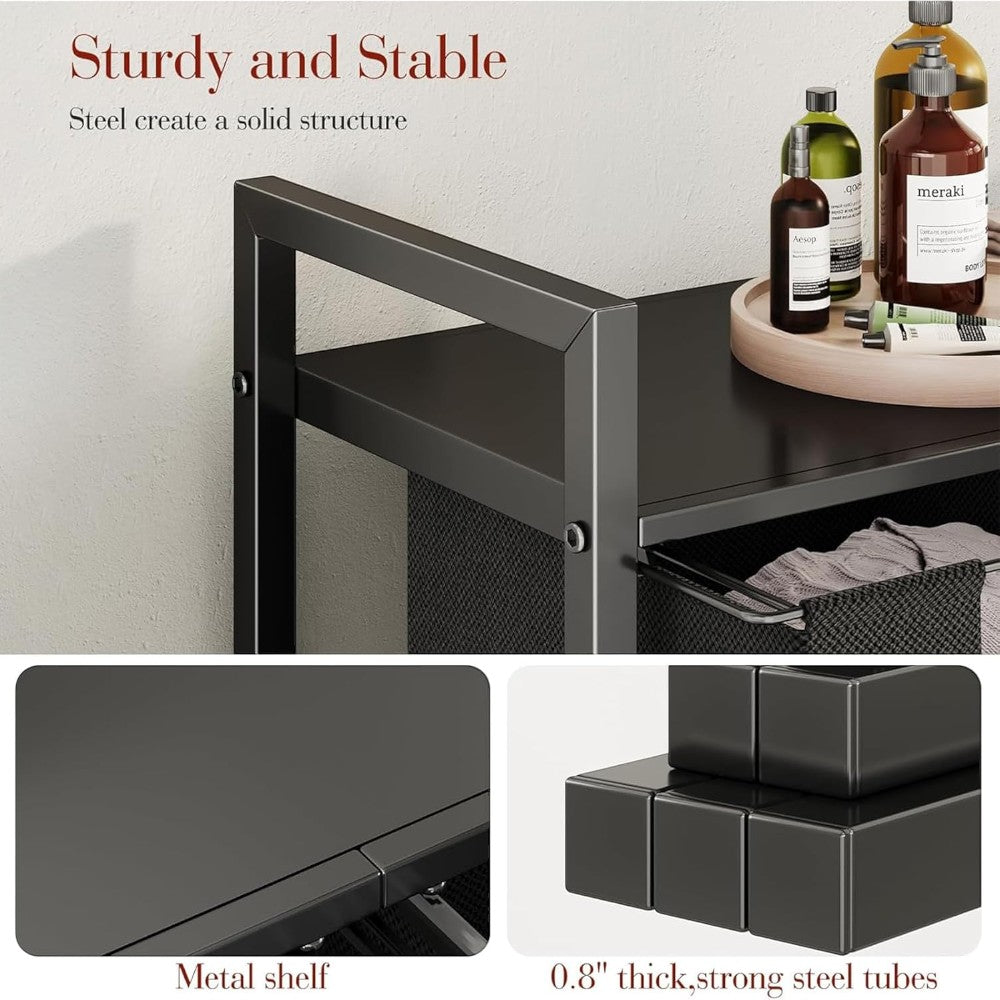Dual Laundry Hamper with Pull-Out Bags &amp; Steel Top Shelf _ 72_32_71cm