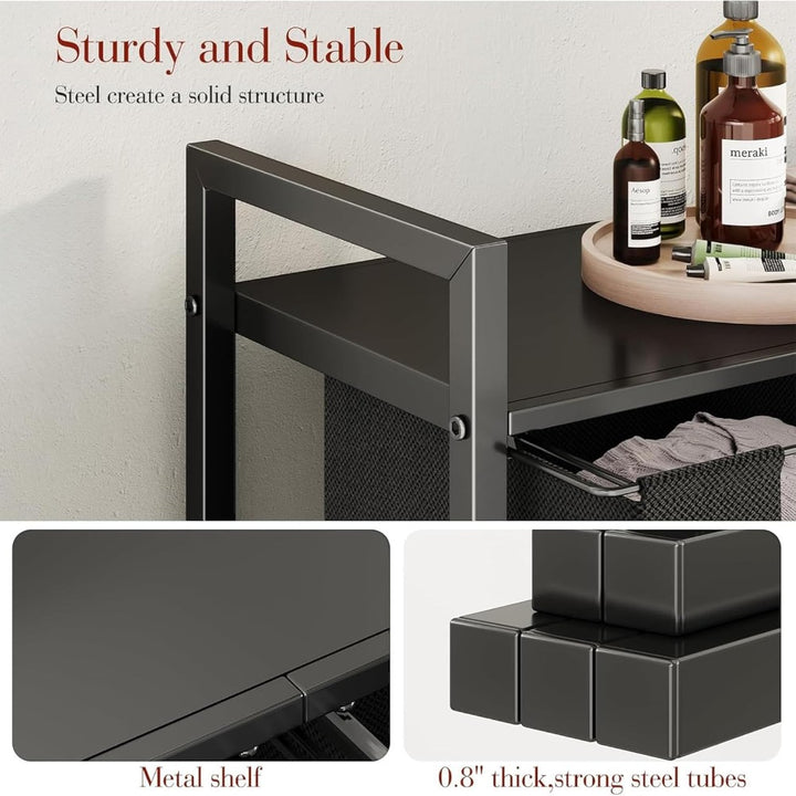 Dual Laundry Hamper with Pull-Out Bags &amp; Steel Top Shelf _ 72_32_71cm