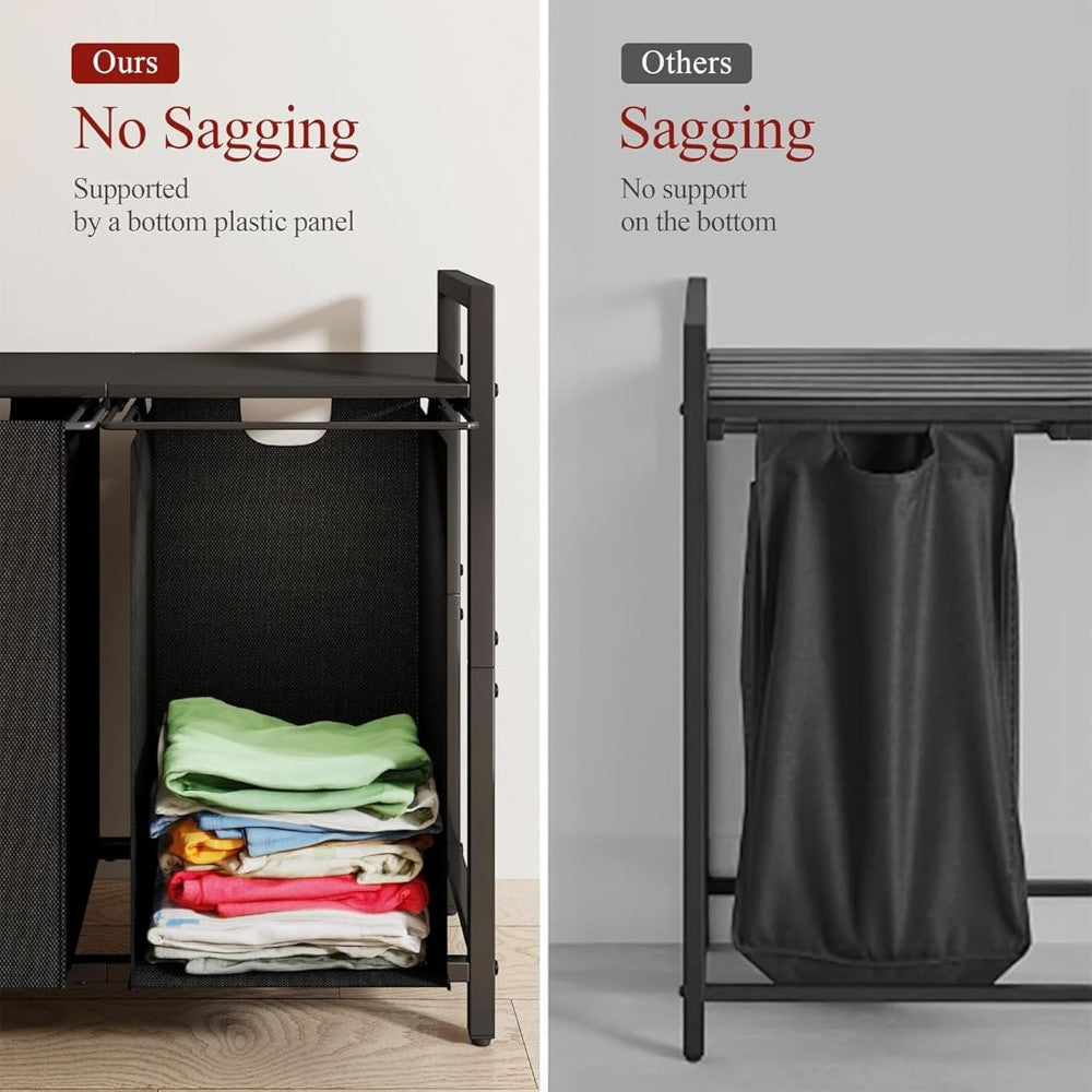 Dual Laundry Hamper with Pull-Out Bags &amp; Steel Top Shelf _ 72_32_71cm