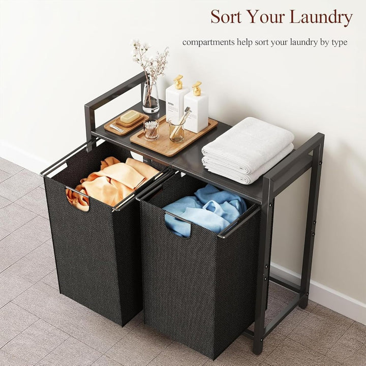 Dual Laundry Hamper with Pull-Out Bags &amp; Steel Top Shelf _ 72_32_71cm