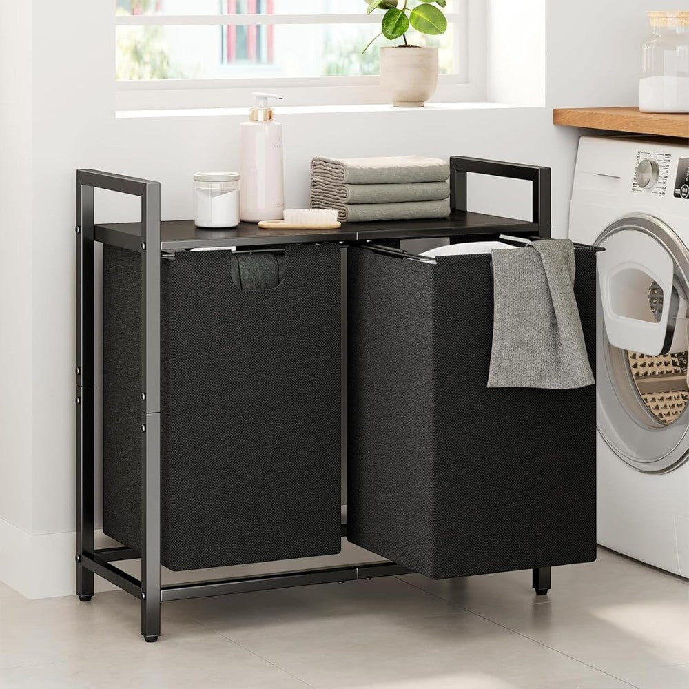 Dual Laundry Hamper with Pull-Out Bags &amp; Steel Top Shelf _ 72_32_71cm