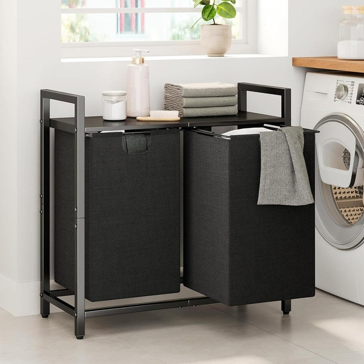 Dual Laundry Hamper with Pull-Out Bags &amp; Steel Top Shelf _ 72_32_71cm