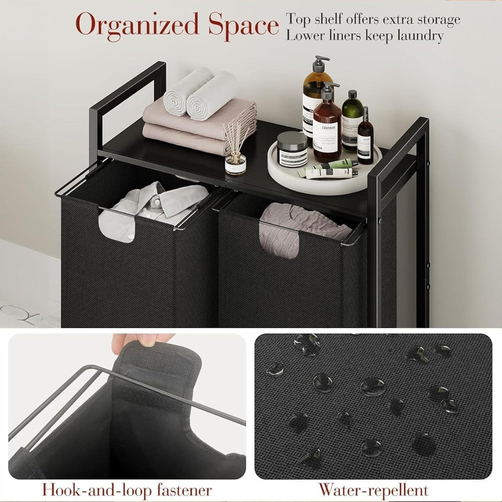 Dual Laundry Hamper with Pull-Out Bags &amp; Steel Top Shelf _ 72_32_71cm