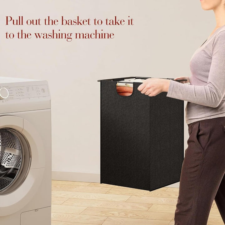 Dual Laundry Hamper with Pull-Out Bags &amp; Steel Top Shelf _ 72_32_71cm