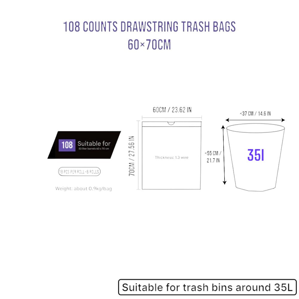 6 Rolls of 108 Pcs Kitchen Trash Bags 60×70cm