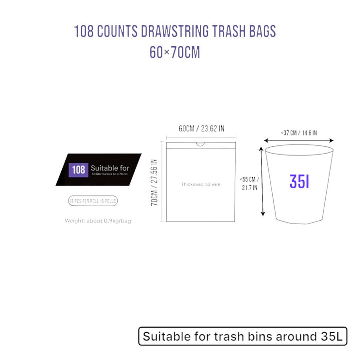 6 Rolls of 108 Pcs Kitchen Trash Bags 60×70cm