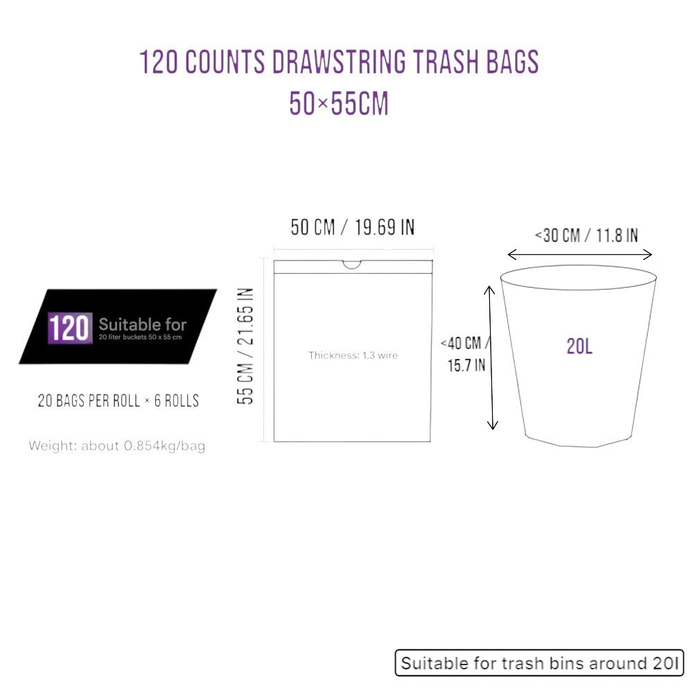 6 Rolls of 120 Pcs Kitchen Trash Bags 50×55cm