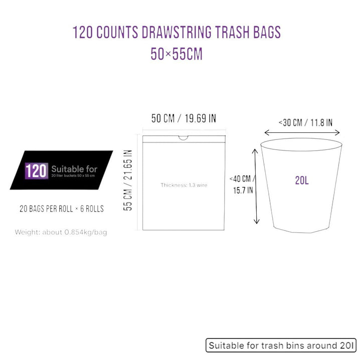 6 Rolls of 120 Pcs Kitchen Trash Bags 50×55cm