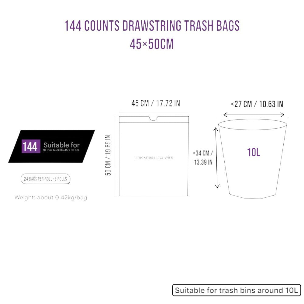 6 Rolls of 144 Pcs Kitchen Trash Bags 45×50cm