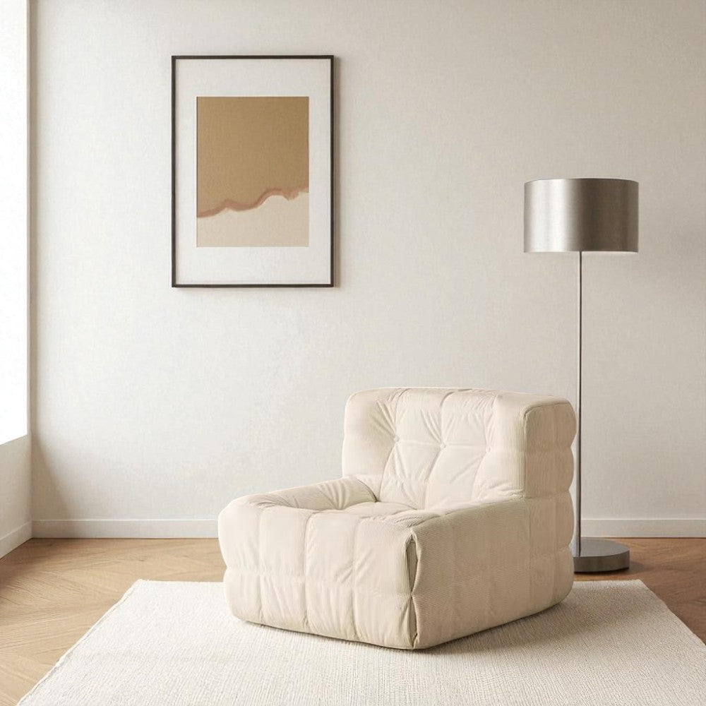 Single Seated Foam Sofa with Corduroy Fabric - White