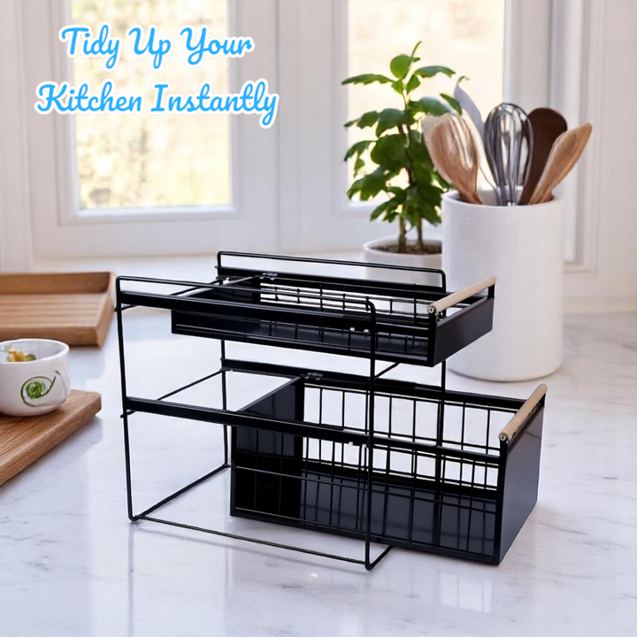 Double Tier Sliding Kitchen Storage Rack Under Sink Organizer