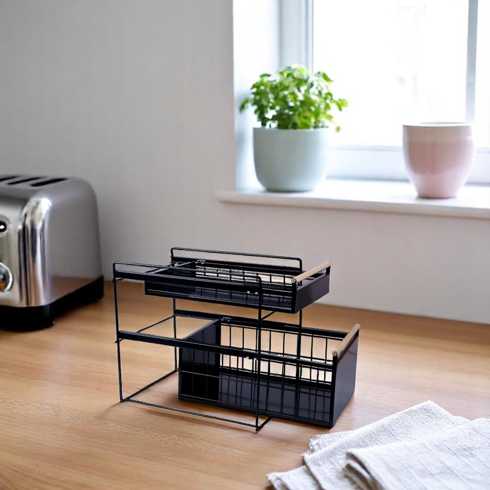 Double Tier Sliding Kitchen Storage Rack Under Sink Organizer