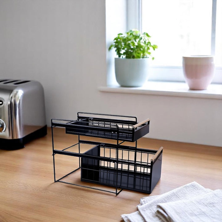 Double Tier Sliding Kitchen Storage Rack Under Sink Organizer