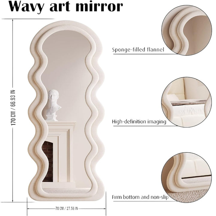 Wavy-Frame Full Length Mirror with Plush Fabric Trim -170x70cm