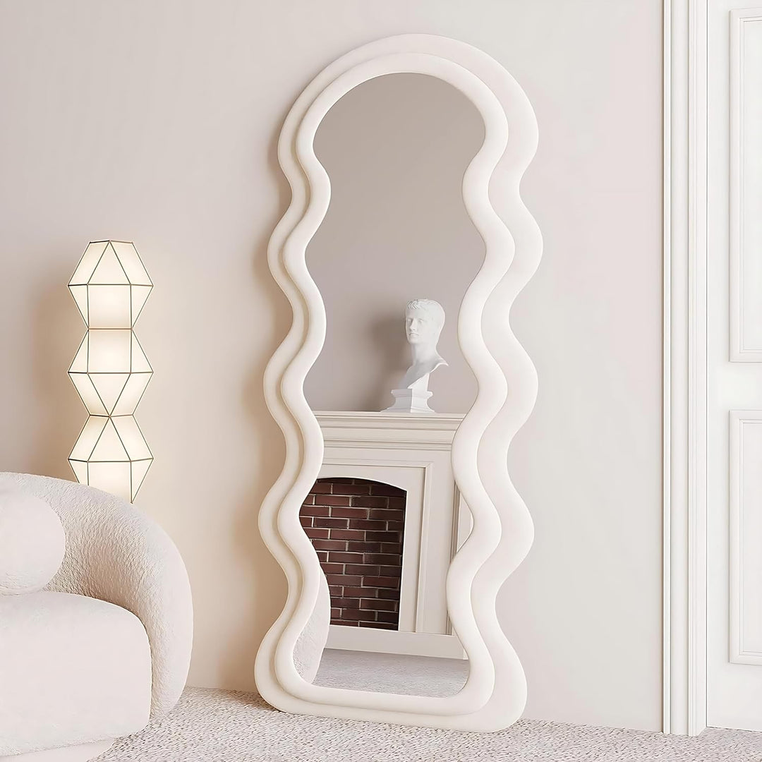 Wavy-Frame Full Length Mirror with Plush Fabric Trim -170x70cm