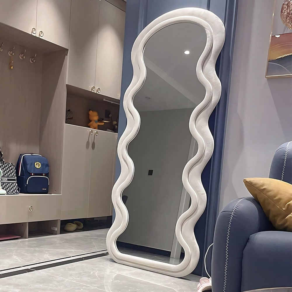 Wavy-Frame Full Length Mirror with Plush Fabric Trim -170x70cm