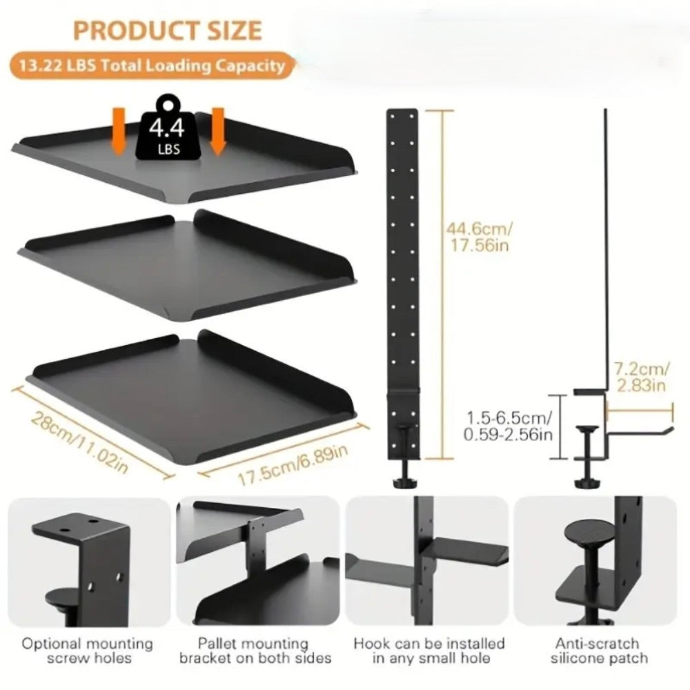 Clamp On Desk Shelf with 3 Adjustable Trays-Black