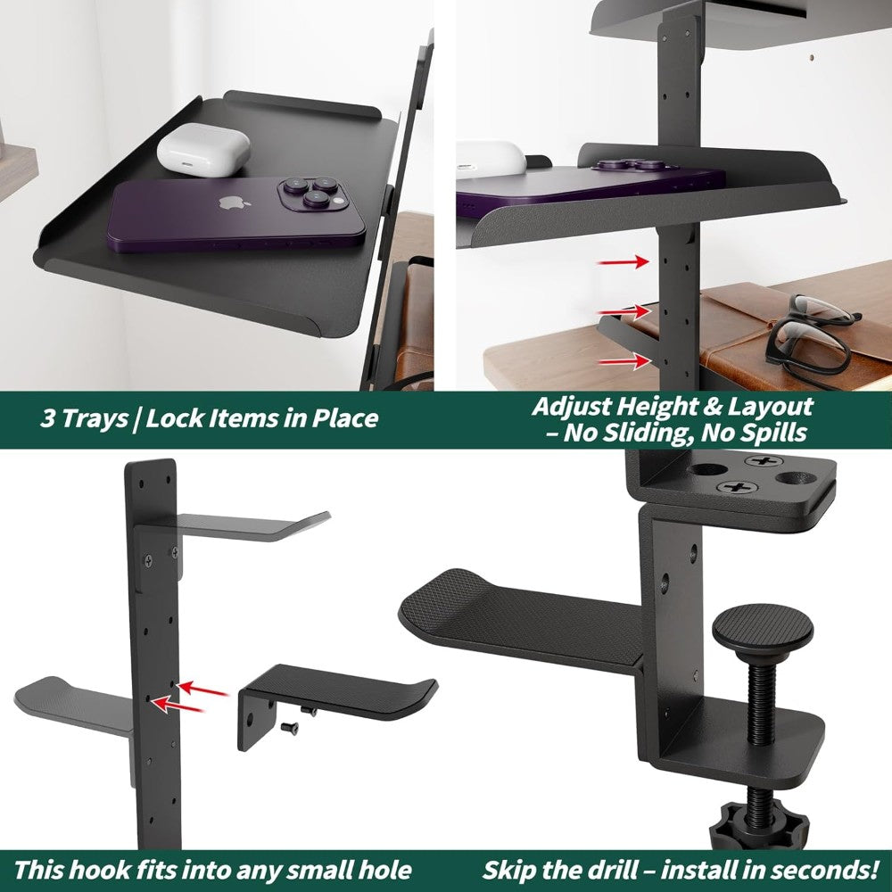 Clamp On Desk Shelf with 3 Adjustable Trays-Black