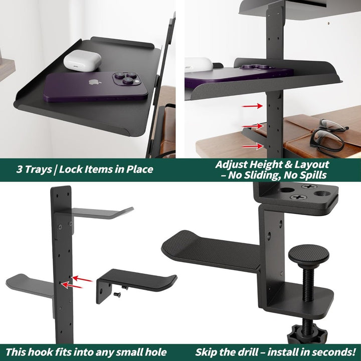 Clamp On Desk Shelf with 3 Adjustable Trays-Black