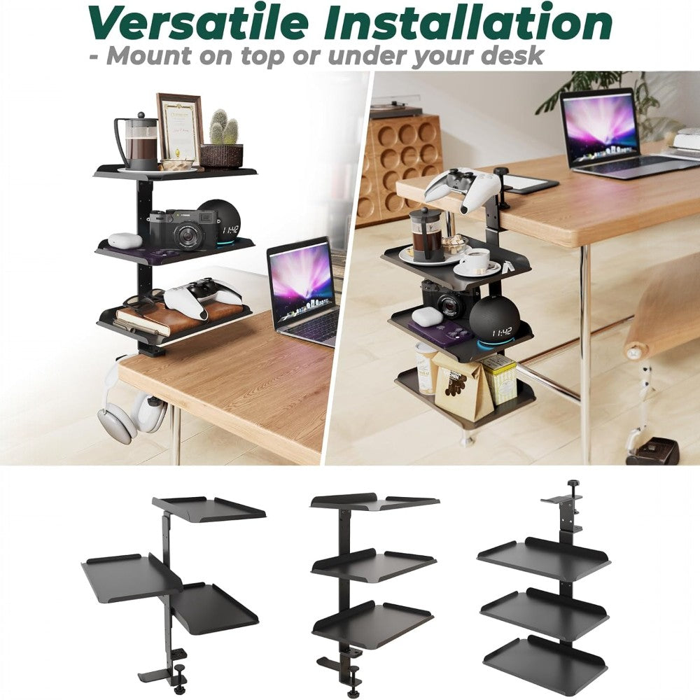 Clamp On Desk Shelf with 3 Adjustable Trays-Black