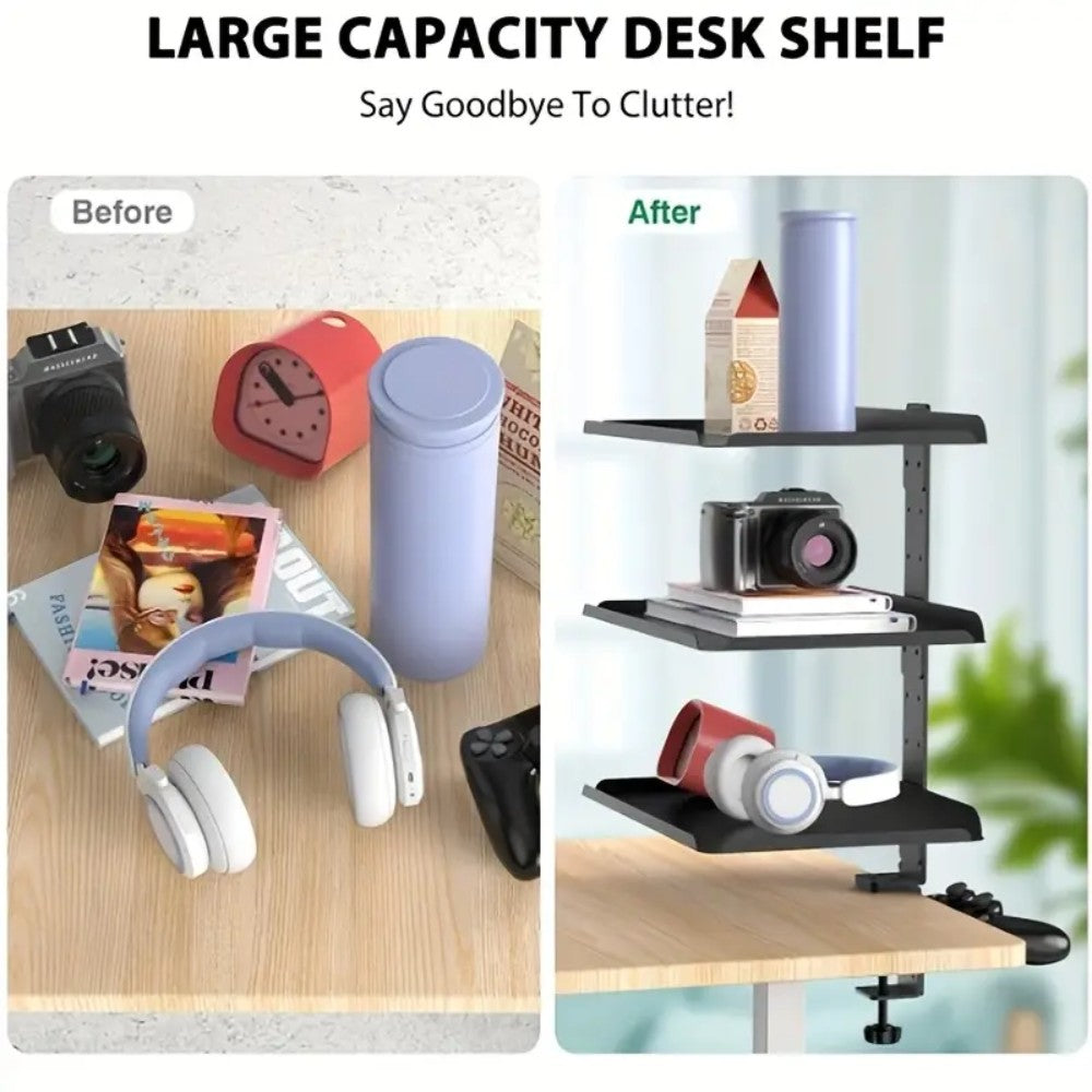 Clamp On Desk Shelf with 3 Adjustable Trays-Black