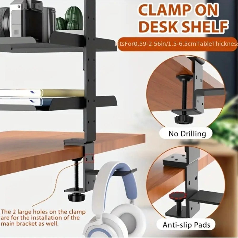 Clamp On Desk Shelf with 3 Adjustable Trays-Black