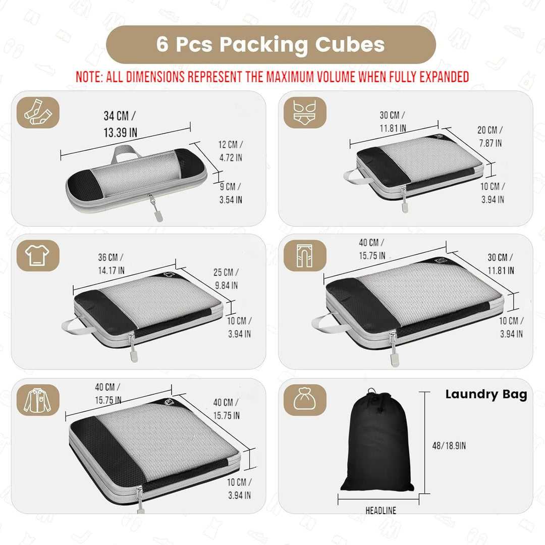 6pcs Compression Packing Cubes Travel Luggage Organizer Set - Black