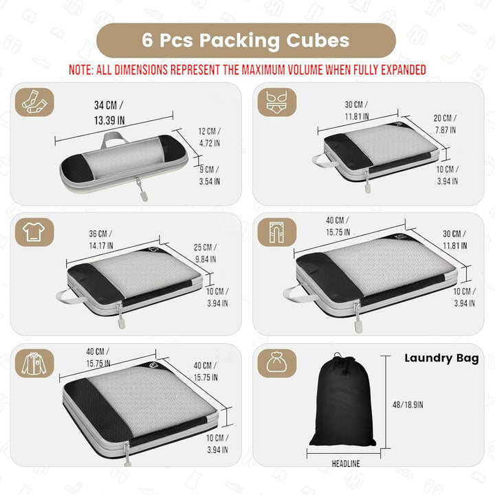 6pcs Compression Packing Cubes Travel Luggage Organizer Set - Black