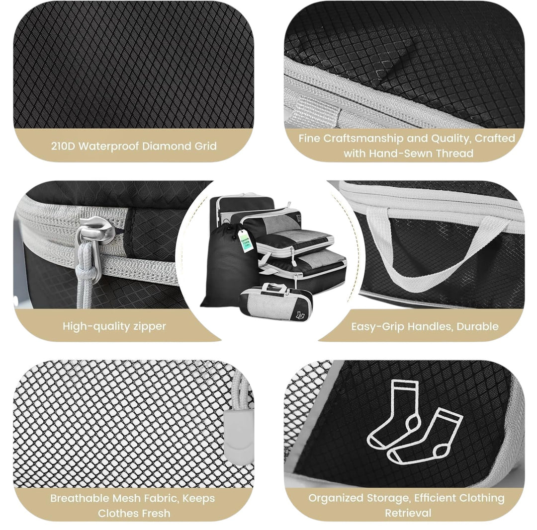 6pcs Compression Packing Cubes Travel Luggage Organizer Set - Black