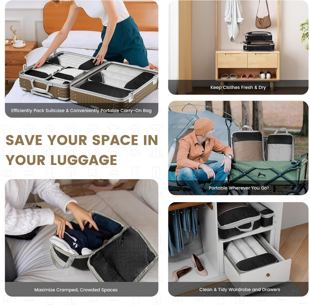 6pcs Compression Packing Cubes Travel Luggage Organizer Set - Black