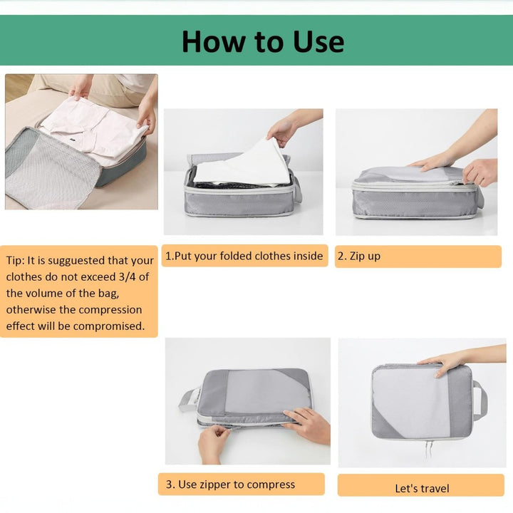 6pcs Compression Packing Cubes Travel Luggage Organizer Set - Grey