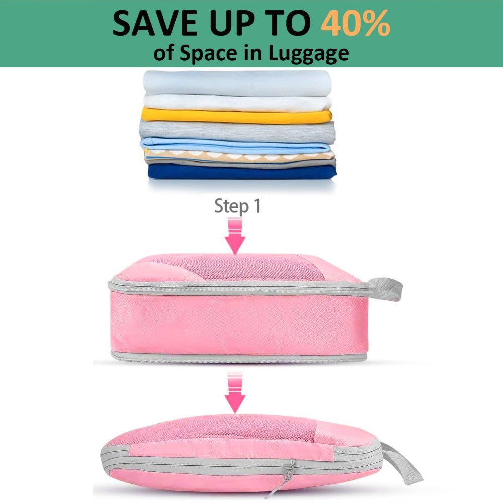 6pcs Compression Packing Cubes Travel Luggage Organizer Set - Pink