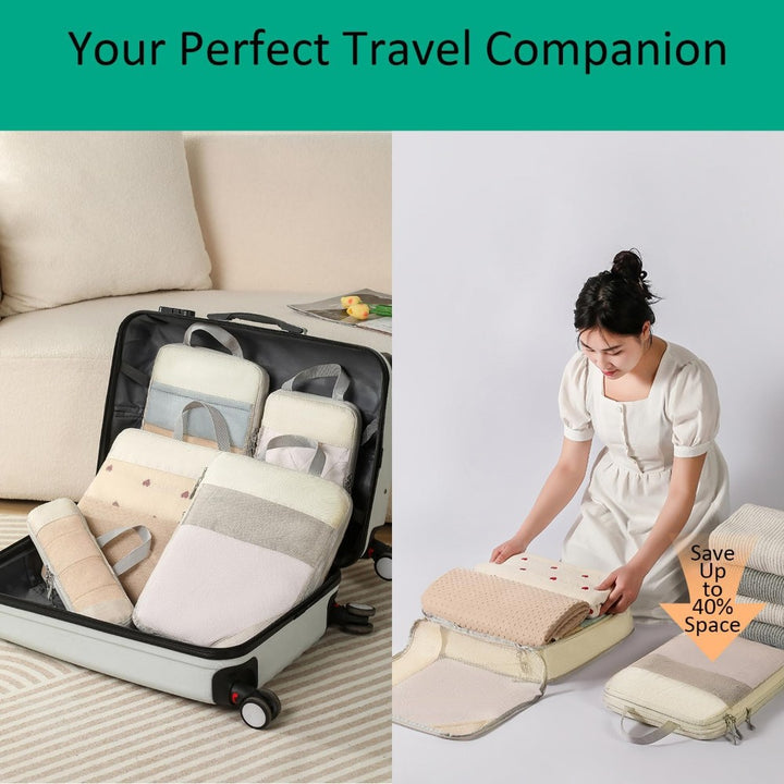 6pcs Compression Packing Cubes Travel Luggage Organizer Set - Beige