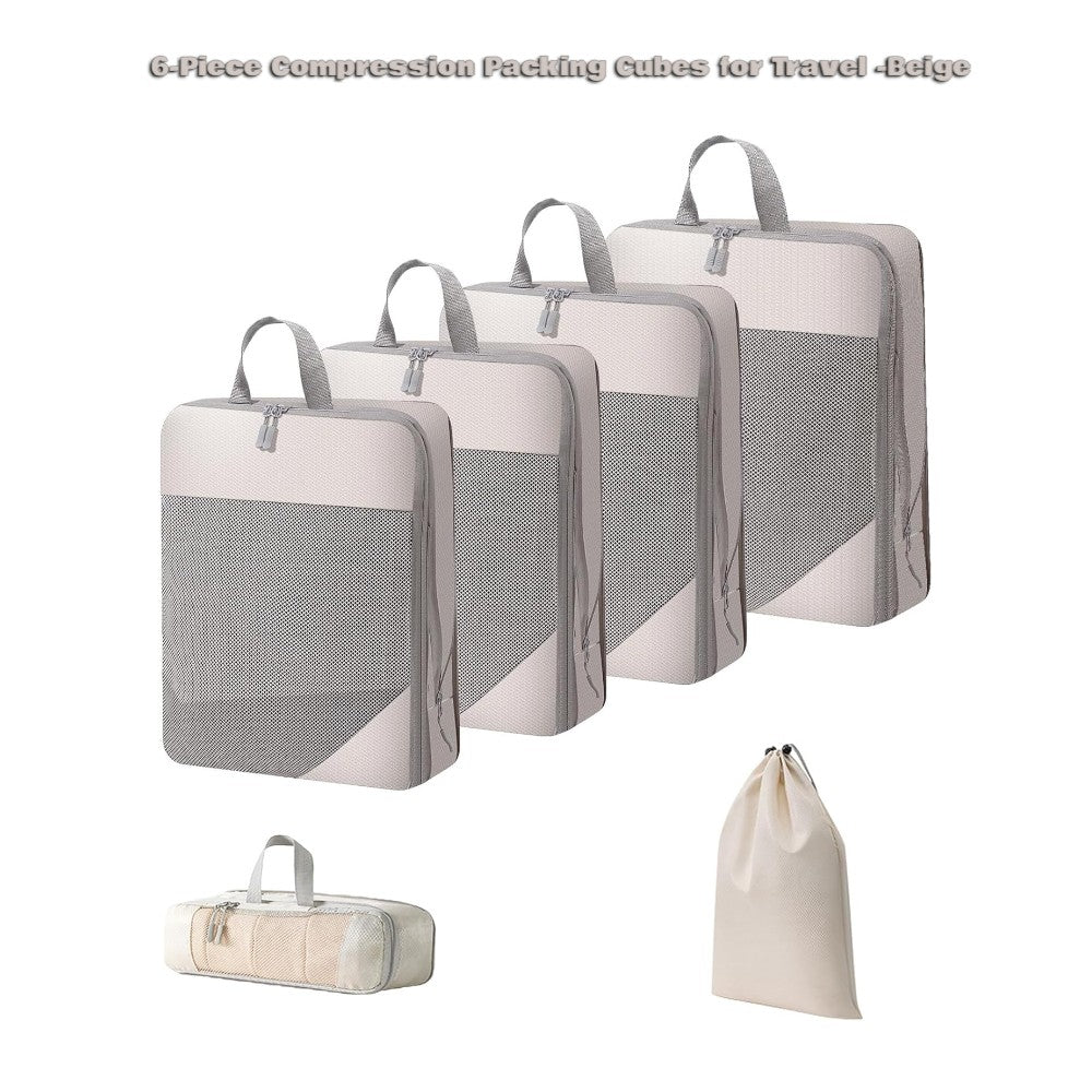 6pcs Compression Packing Cubes Travel Luggage Organizer Set - Beige