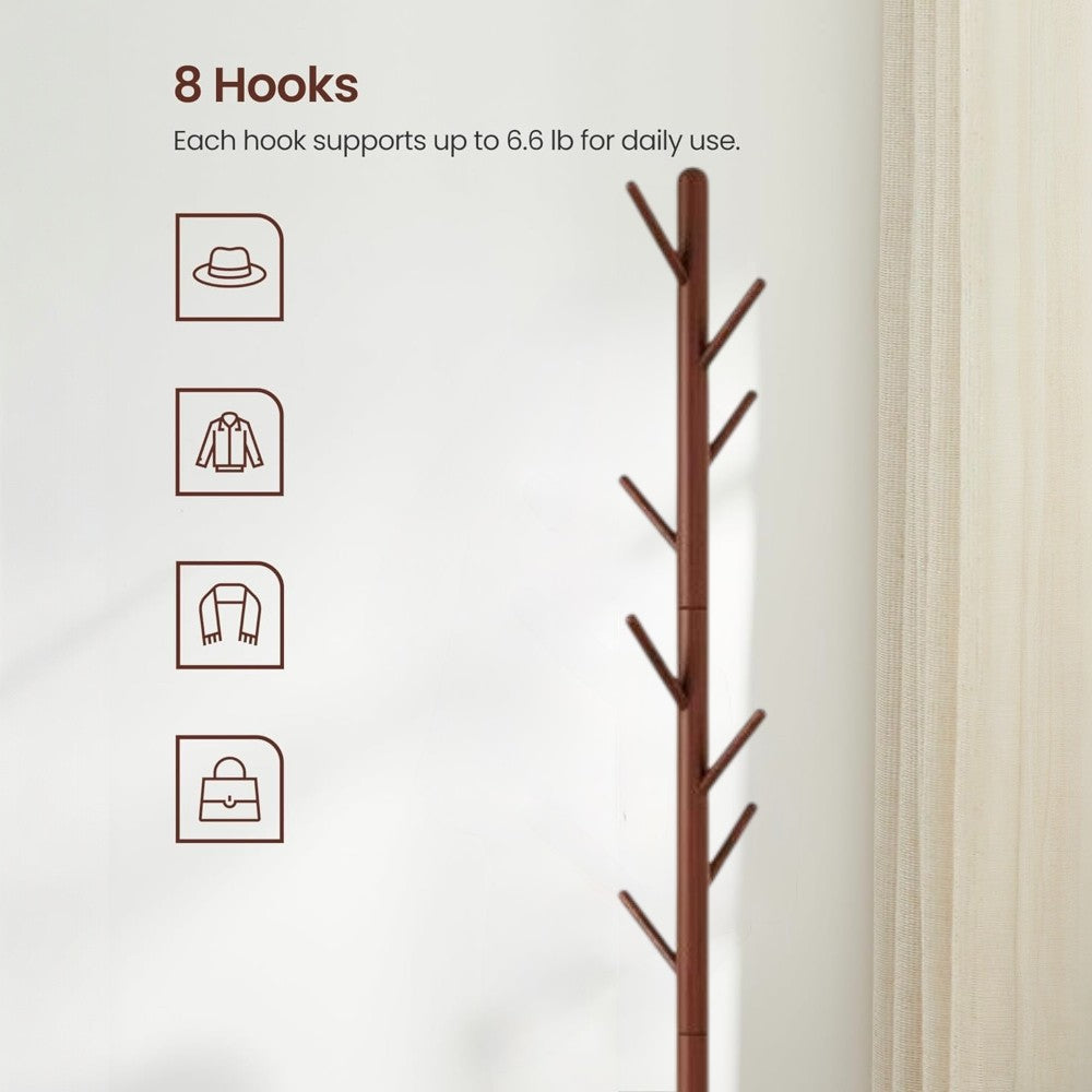 Wooden Coat Tree with 8 Hooks -Walnut